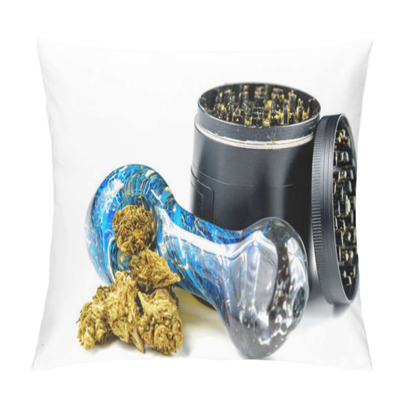 Personality  Close Up Of Medical Marijuana Bud With A Glass Pipe And Grinder Pillow Covers