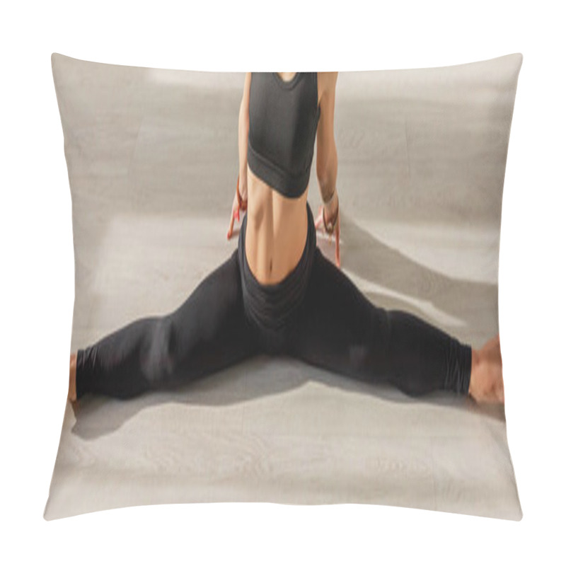 Personality  Attractive Woman Doing Twine Stretching On Floor Pillow Covers