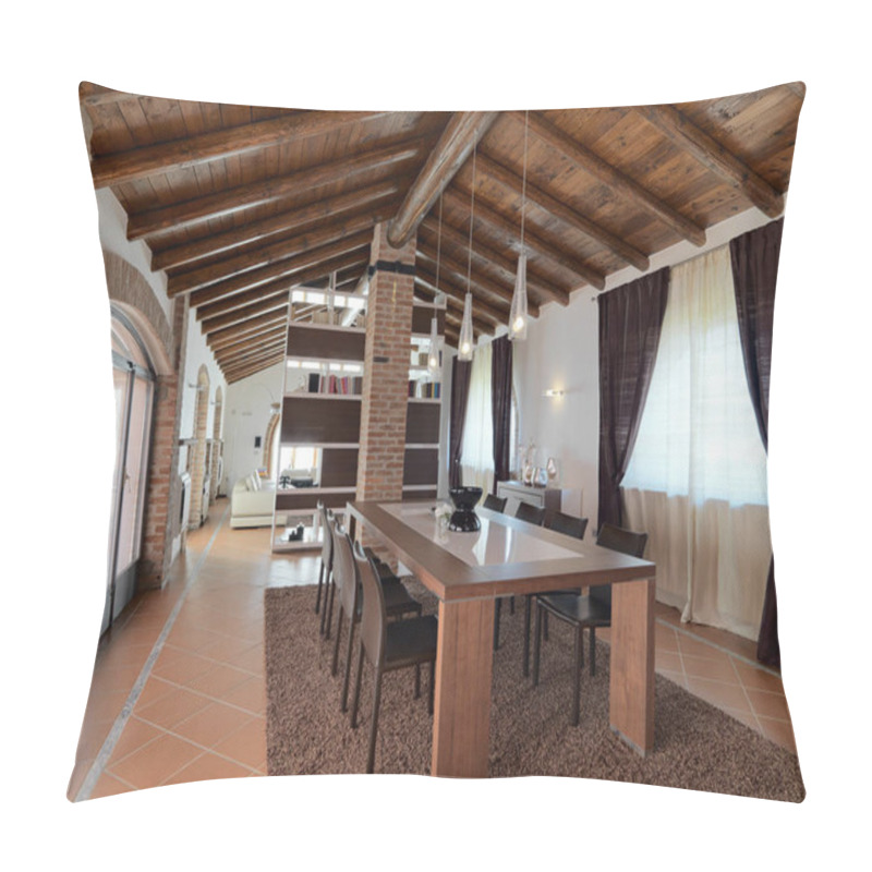 Personality  Foregorund Of A Dining Table In A Modern Living Room In The Penthouse With Terracotta Tiles And Wood Ceiling Overlooking On The Sofa Pillow Covers