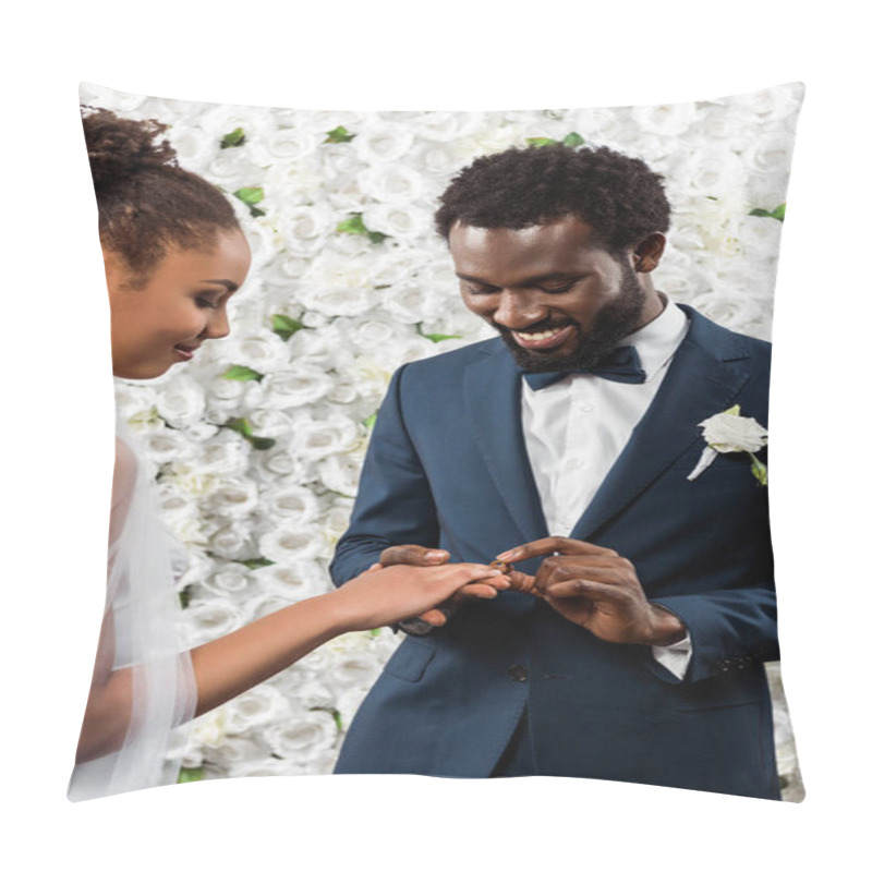 Personality  Cheerful African American Man Putting Wedding Ring On Finger Of Bride Near Flowers  Pillow Covers