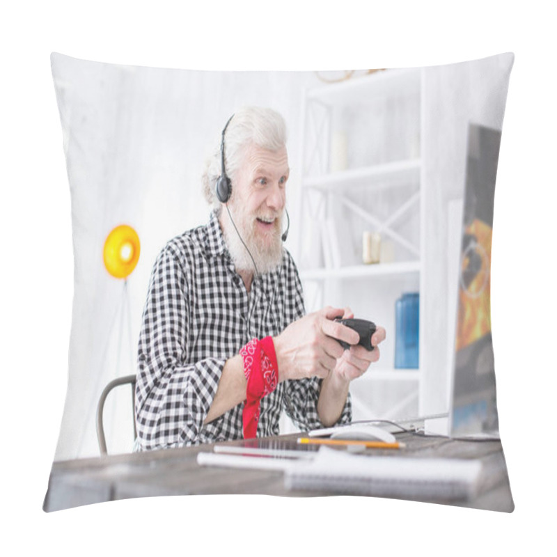 Personality  Cheerful Senior Man Being Focused On Video Game Pillow Covers