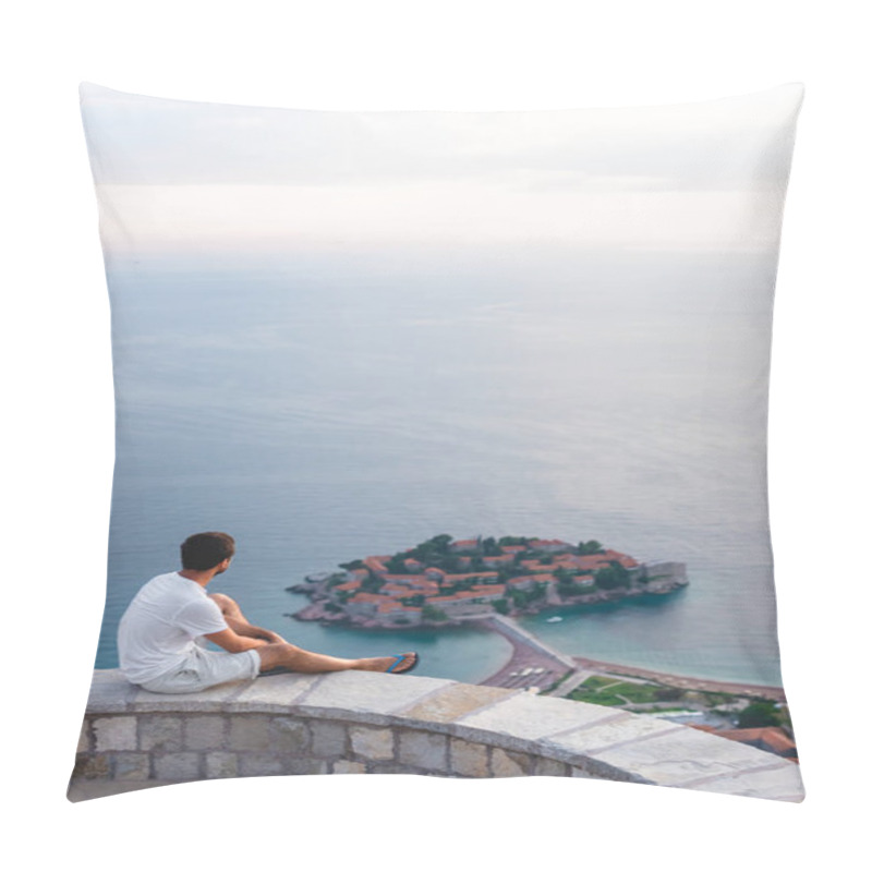 Personality  Man Sitting On Viewpoint And Looking At Island Of Sveti Stefan With Hotel Resort In Adriatic Sea, Budva, Montenegro Pillow Covers