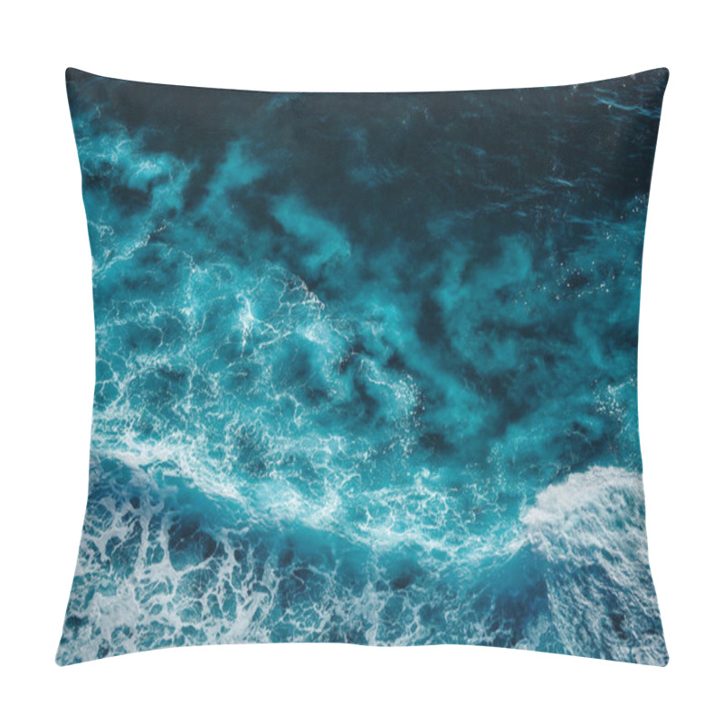 Personality  Aerial View To Waves In Ocean Splashing Waves. Blue Clean Wavy Sea Water. Seething Waves With Foam. Pillow Covers