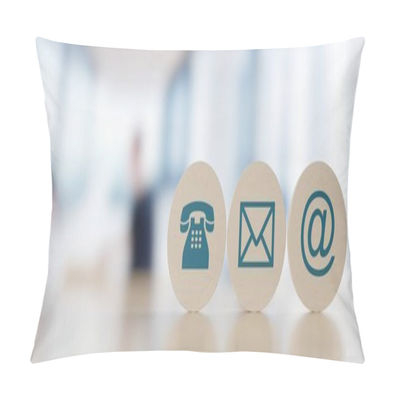 Personality  Wooden Round Telephone, Envelope Letter And E-mail Symbols In A Row On Wooden Table With A Blurred Office In The Background, Contact Us Symbols Or Banner With Copy Space, 3D Illustration Pillow Covers