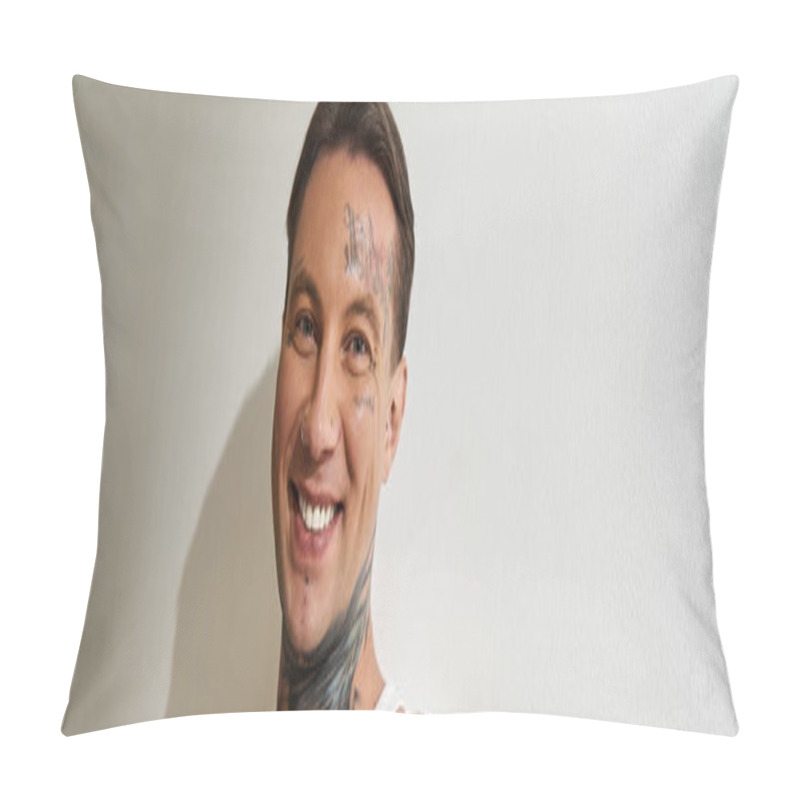 Personality  This Young Man Enjoys A Carefree Moment At Home, Exuding Charm And Confidence With Tattoos. Pillow Covers