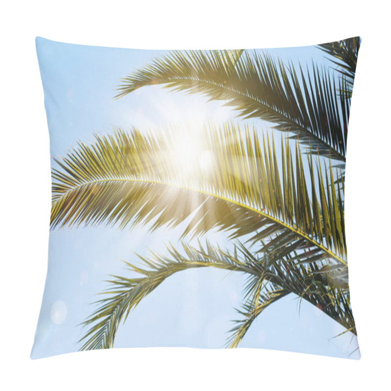 Personality  Sun Rays Through The Palm Tree Leaves Over Blue Sky. Summer Sunset Scenery. Holidays And Summertime Background. Pillow Covers