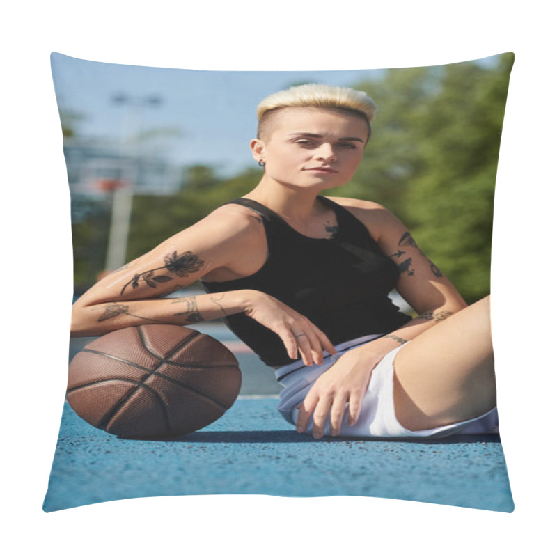 Personality  A Young Woman With Tattoos Sits On The Ground, Holding A Basketball, Lost In Thought. Pillow Covers