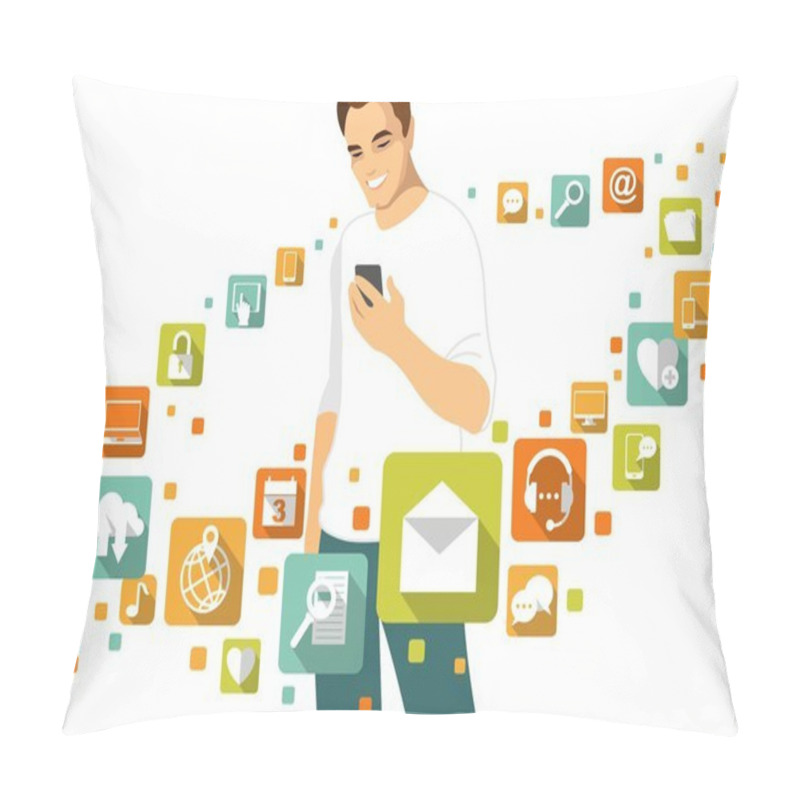 Personality  Mobile Application Concept - Man With Smartphone And Social, Media, Web Icons Pillow Covers