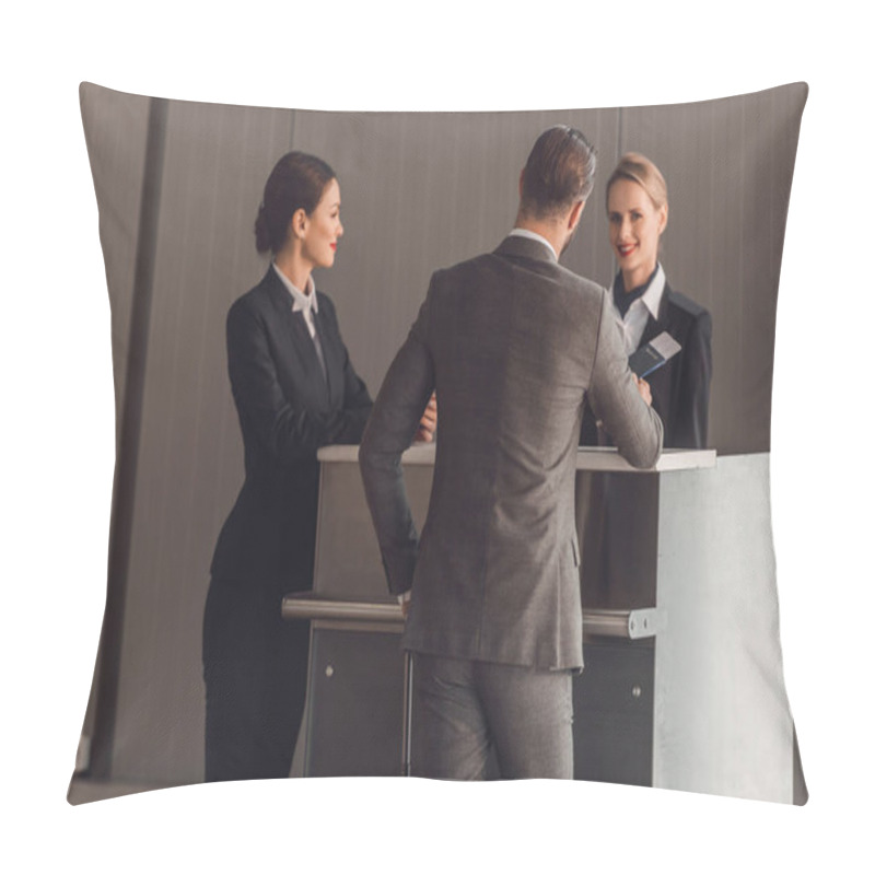 Personality  Rear View Of Young Businessman Standing At Airport Check In Counter Pillow Covers