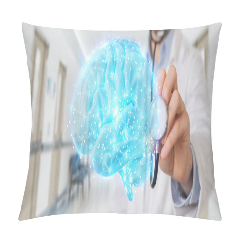 Personality  Doctor On Blurred Background Using Digital Brain Scan Hologram 3D Rendering Pillow Covers