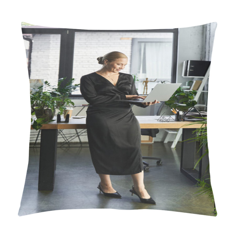 Personality  A Young Beautiful Plus Size Woman Engaged In Work While Standing At Her Desk In A Stylish Office. Pillow Covers