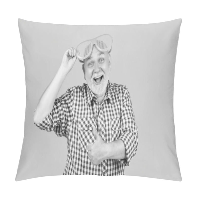 Personality  Surprised Senior Man Or Granddad In Party Glasses On Yellow Background. Pillow Covers