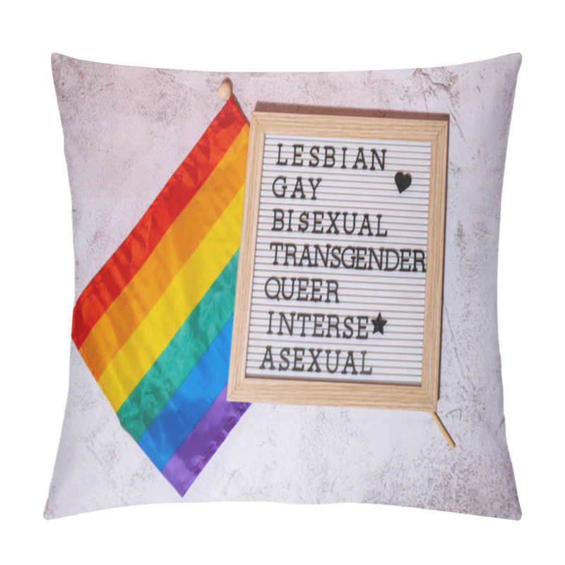 Personality  LGBTQIA Description Frame On Rainbow LGBTQIA Flag Made From Silk Material. LESBIAN, GAY, BISEXUAL, TRANSGENDER, QUEER, INTERSEX, ASEXUAL. Symbol Of LGBTQ Pride Month. Equal Rights. Peace And Freedom Pillow Covers