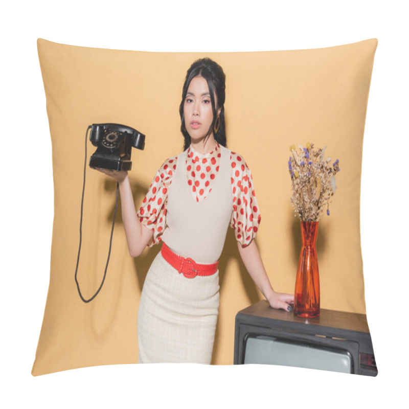 Personality  Asian Model Holding Retro Telephone Near Flowers On Tv On Orange Background Pillow Covers