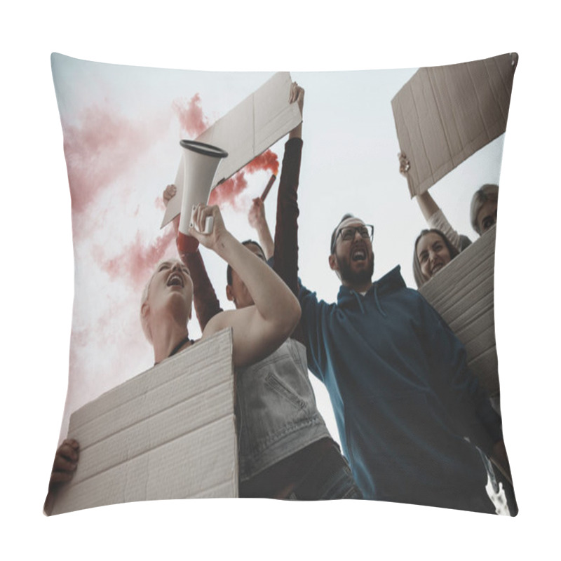 Personality  Group Of Activists Giving Slogans In A Rally. Men And Women Marching Together In A Protest In The City. Pillow Covers