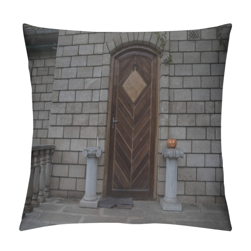 Personality  Front Door To A House Decorated With Halloween Pumpkin. Halloween Pumpkin On A Door Steep At Night Pillow Covers