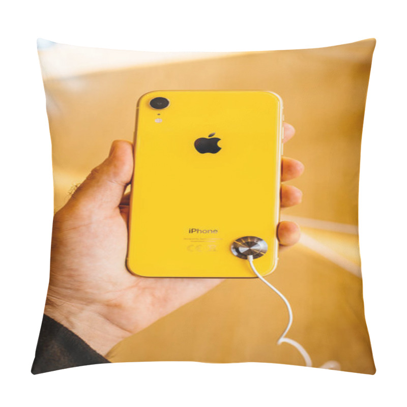 Personality  STRASBOURG, FRANCE - OCT 26, 2018: Customer Holding Admiring Testing Latest Yellow IPhone XR Smartphone In Apple Store Computers During The Launch Day Woth Apple Logo Steel Case Pillow Covers