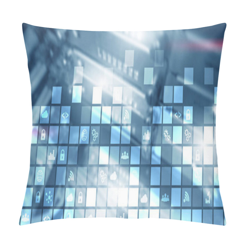 Personality  Digital Abstract Background Pixelated Icons Blurred Modern Server Room. Technology Telecommunication Iot Internet Of Thing Concept Pillow Covers