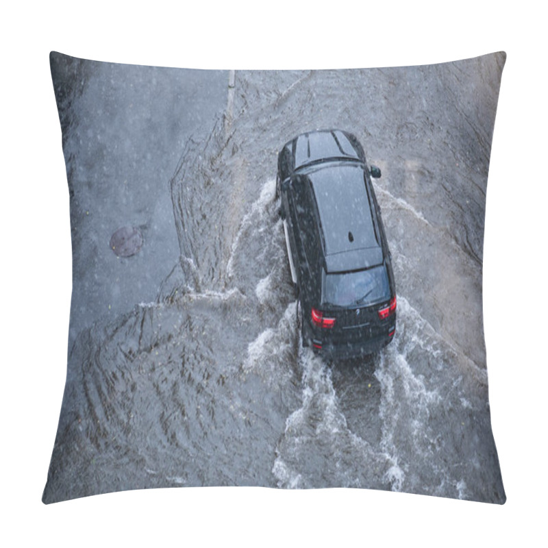 Personality  Kyiv, Ukraine - June 15, 2020: Splash Puddle Under A BMW X5 Car. Black Car Rides In The Pouring Rain Pillow Covers