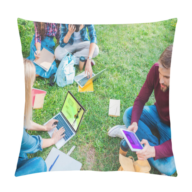 Personality  Partial View Of Multiethnic Students With Notebooks And Digital Devices Sitting On Green Grass In Park Pillow Covers