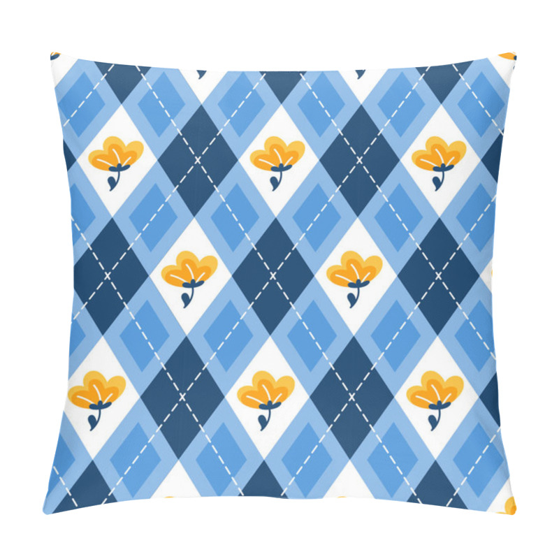 Personality  Elegant Seamless Pattern Featuring A Blue And White Diamond Checkered Background Adorned With Yellow Floral Elements, Perfect For Summer Or Spring Fabric Design Pillow Covers