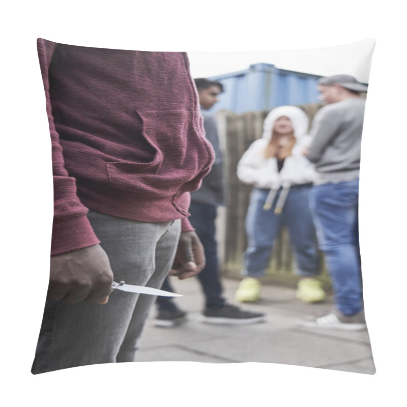 Personality  Close Up Of  Teenage Boy In Urban Gang Holding Knife  Pillow Covers