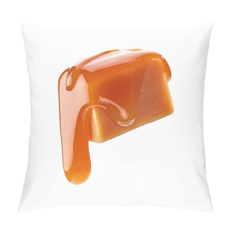 Personality  Caramel Sauce Flowing On Levitating Caramel Candy Isolated On White Background Pillow Covers