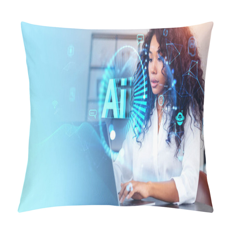 Personality  Pensive Man Working With Tablet At Home, AI Glowing Circle Hologram Hud With Information Processing Icons. Concept Of Artificial Intelligence, Machine Learning And Virtual Assistant Pillow Covers