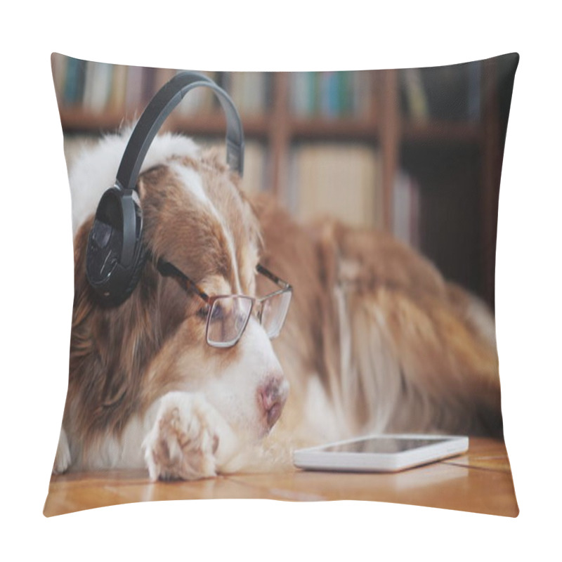 Personality  A Funny Dog In Headphones, Lies On The Floor Near The Tablet. Devices And Animals Pillow Covers