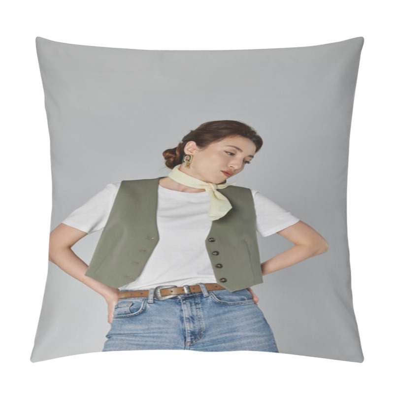 Personality  A Stylish Asian Woman In A Green Vest And A Pale Yellow Scarf Poses Against A Grey Backdrop, Her Hair Pulled Back In A Bun. Pillow Covers