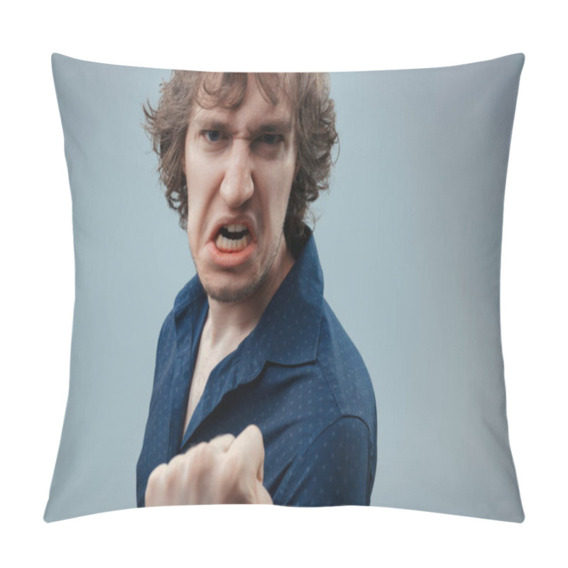 Personality  Man In Navy Shirt Expresses Intense Anger, His Clenched Fist And Grimace Speaking Volumes Of His Fury Pillow Covers