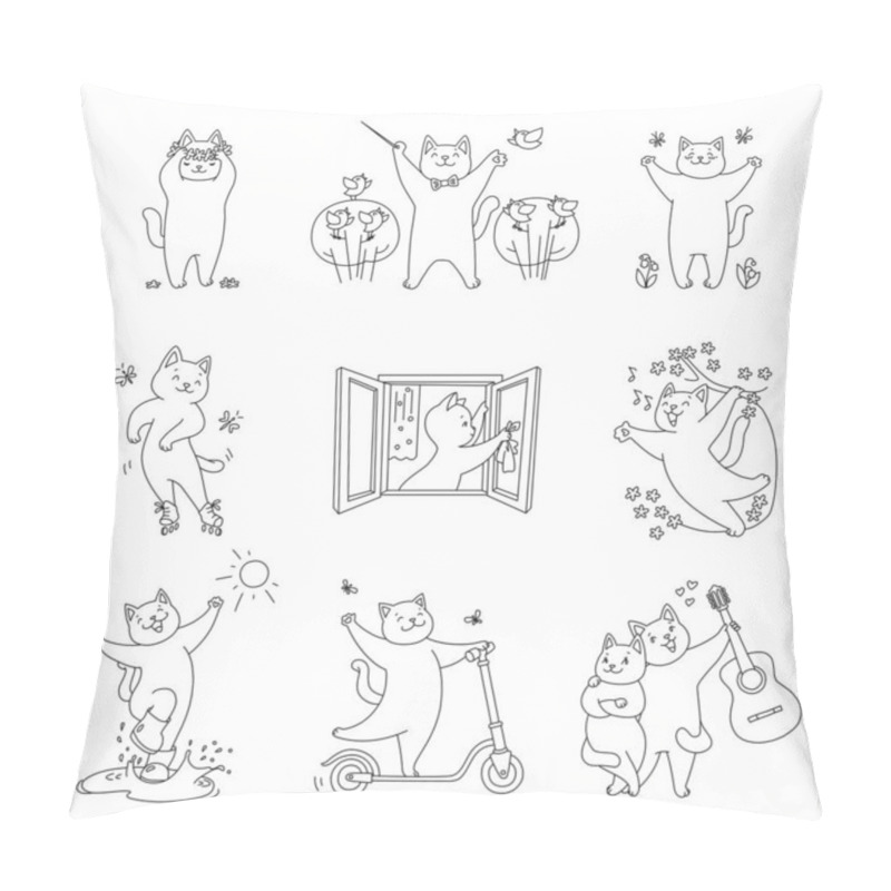 Personality  Collection Of Cute Kittens Enjoying Springtime. Spring Illustrations Of Cute Cats Jumping Through Puddles, Riding A Scooter, Listening To A Singing Bird In Spring. Vector 10 EPS. Pillow Covers