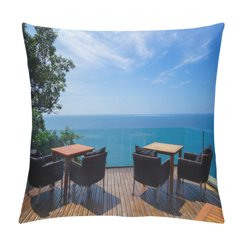 Personality  Tables And Rattan Outdoor Armchairs Setting On Wooden Deck And Glass Balcony With Panoramic Andaman Ocean Sea View, Green Tree And Blue Sky Background, Phuket, Thailand Pillow Covers