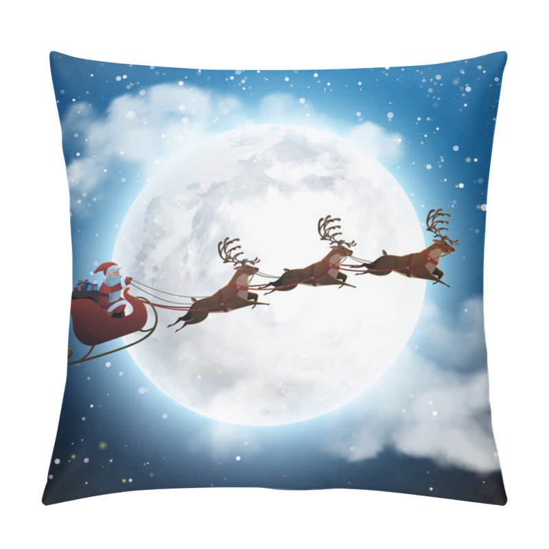 Personality  Santa Claus Flying On A Sleigh With Deer At Night And Big Moon. Snowy Christmas Landscape Concept For Greeting Or Postal Card. Background Vector Illustration In Cartoon Style Pillow Covers