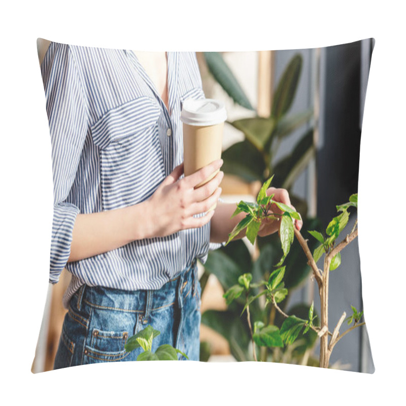 Personality  Cropped Image Of Young Woman With Coffee Touching Potted Plant  Pillow Covers