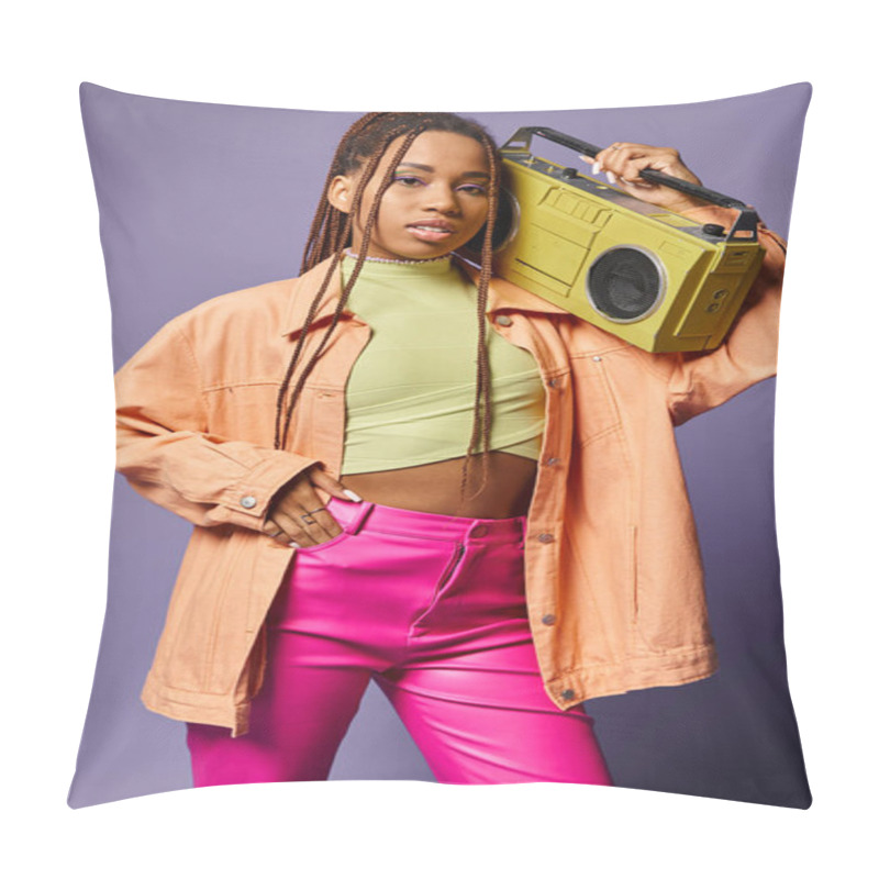 Personality  Stylish African American Girl With Dreadlocks Standing With Retro Boombox On Purple Backdrop Pillow Covers