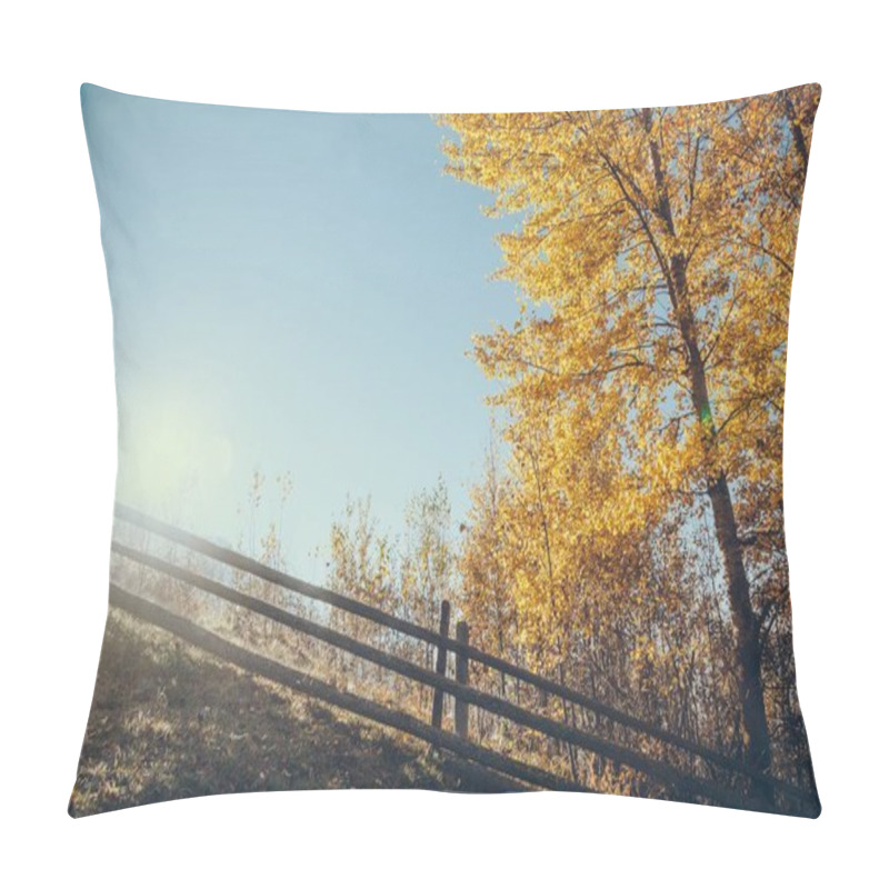 Personality  Scenic View Of Wooden Fence On Hill With Yellow Tree In Front Of Shining Sun, Carpathians, Ukraine Pillow Covers