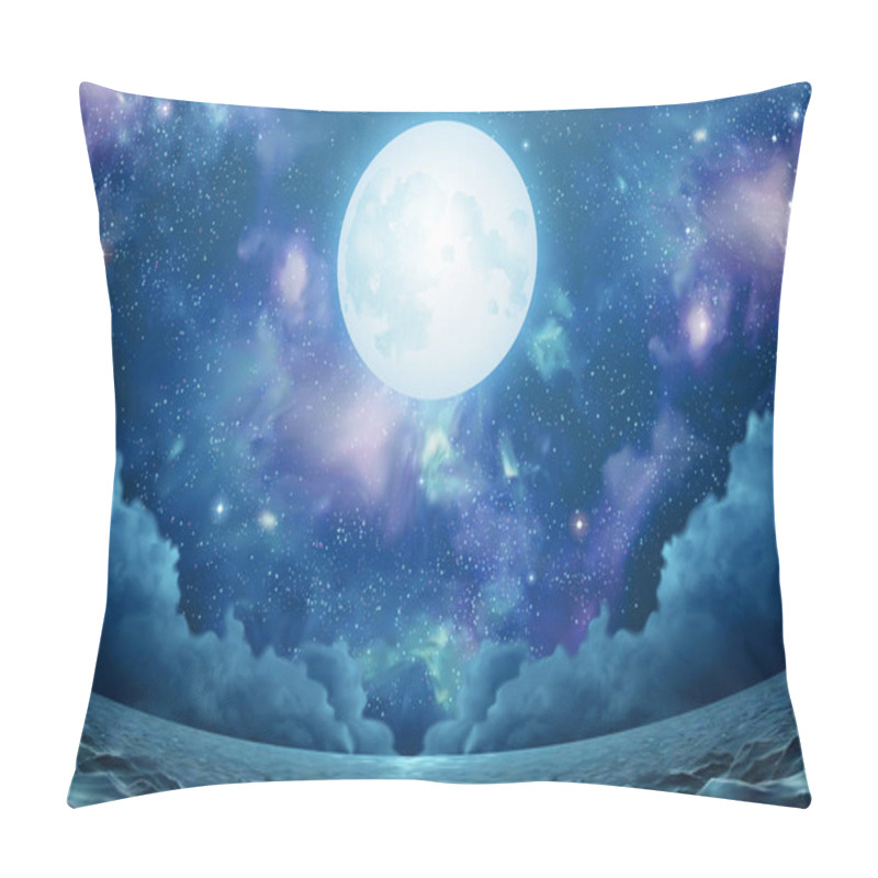 Personality  Surreal Seascape With Beautiful Nebula, Silver Full Moon And Shimmering Sea Surface In Fisheye View, 3d Illustration Pillow Covers