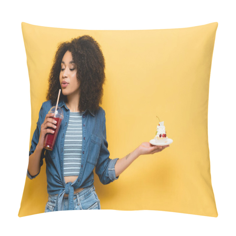 Personality  African American Woman With Tasty Cupcake Drinking Fresh Smoothie On Yellow Pillow Covers