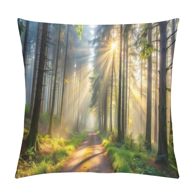 Personality  Misty Forest Trail With Light Breaking Through The Trees Fog In Nature Full HD Photo Download Pillow Covers