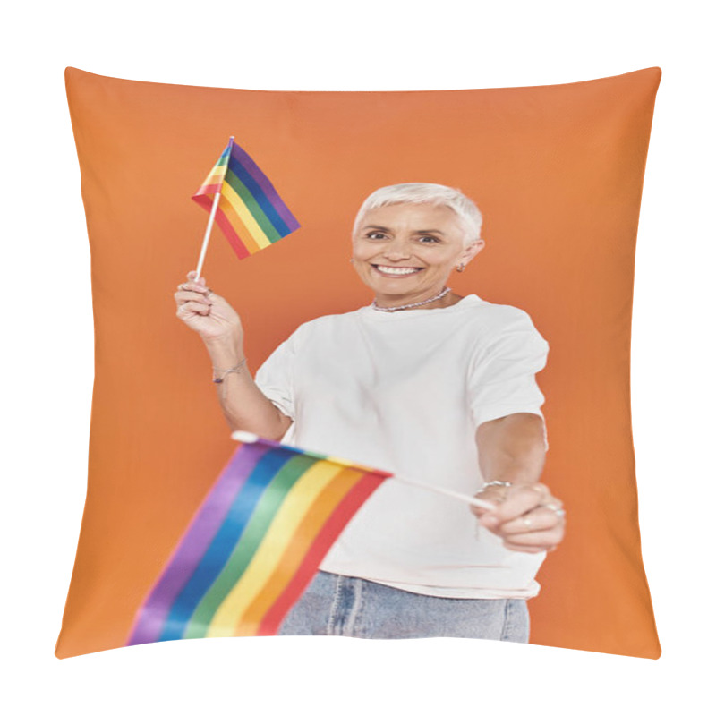 Personality  A Mature Woman Joyfully Waves Rainbow Flags, Embodying Pride And Happiness. Pillow Covers