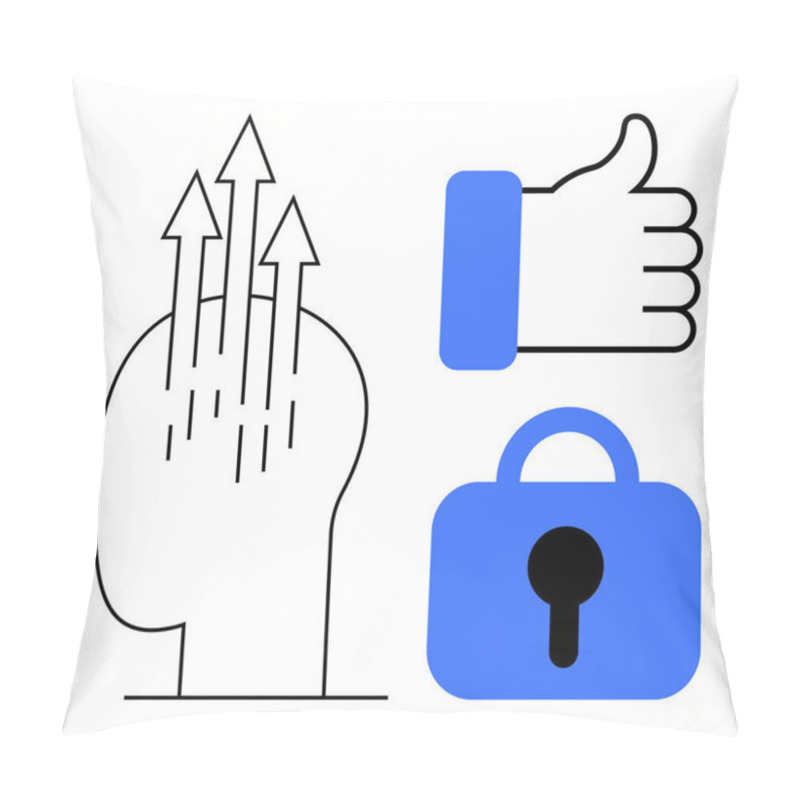 Personality  Simple Style Design With A Head Silhouette And Upward Arrows, A Thumbs-up Icon, And A Lock Symbol. Ideal For Personal Growth, Positive Reinforcement, Security, Mental Health And Motivation Pillow Covers