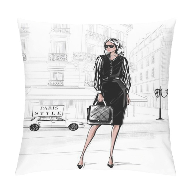 Personality  Hand Drawn Beautiful Young Woman In Black Dress. Fashion Woman With Bag. Girl In Black Shoes With Paris Street Background. Sketch. Fashion Illustration. Pillow Covers