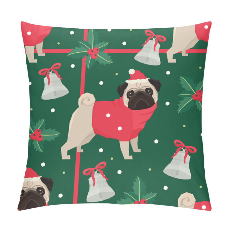 Personality  Merry Christmas Seamless Pattern With The Pugs Green Background Pillow Covers