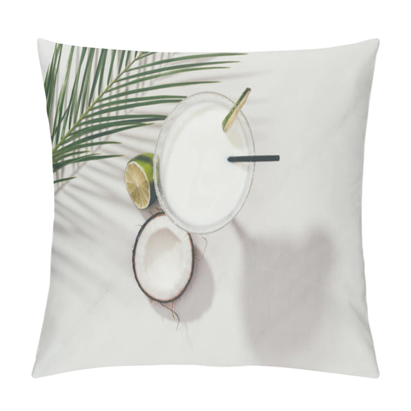 Personality  Top View Of Coconut Cocktail In Glass With Lime And Drinking Straw On White Pillow Covers