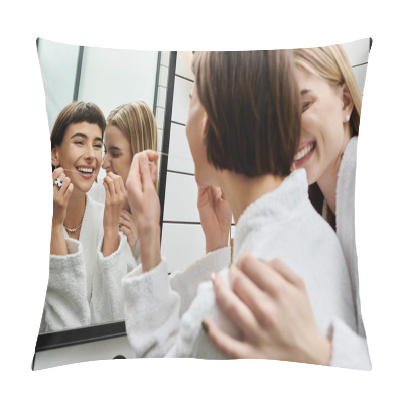 Personality  A Young Woman In A Bathrobe Flossing Her Teeth With Care In Front Of A Mirror, Embodying A Peaceful Morning Routine. Pillow Covers