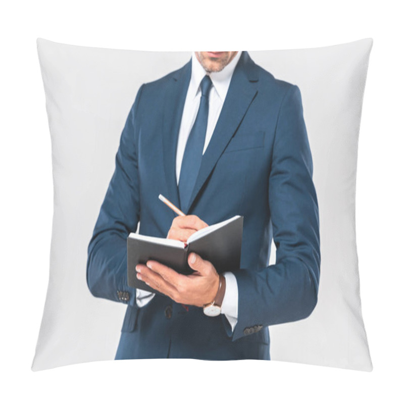 Personality  Cropped Image Of Businessman Writing Something In Notebook Isolated On White Pillow Covers