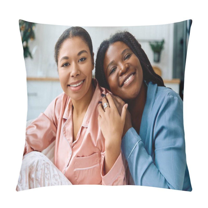 Personality  Two Women Share Smiles And Warmth While Relaxing At Home In Their Comfortable Pajamas. Pillow Covers