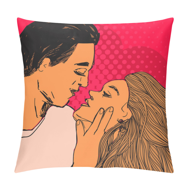 Personality  Couple In Love, Young Woman And Man Want To Kiss Each Other. Vector Valentines Day Pop Art Style Illustration. Pillow Covers