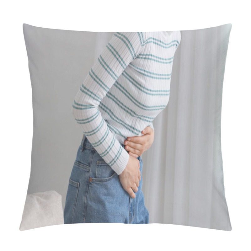 Personality  Young Woman Suffering From Stomach Ache At Home, Closeup Pillow Covers